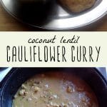 A pot of cauliflower lentil curry, and a bowl of coconut lentil cauliflower curry with a piece of naan.