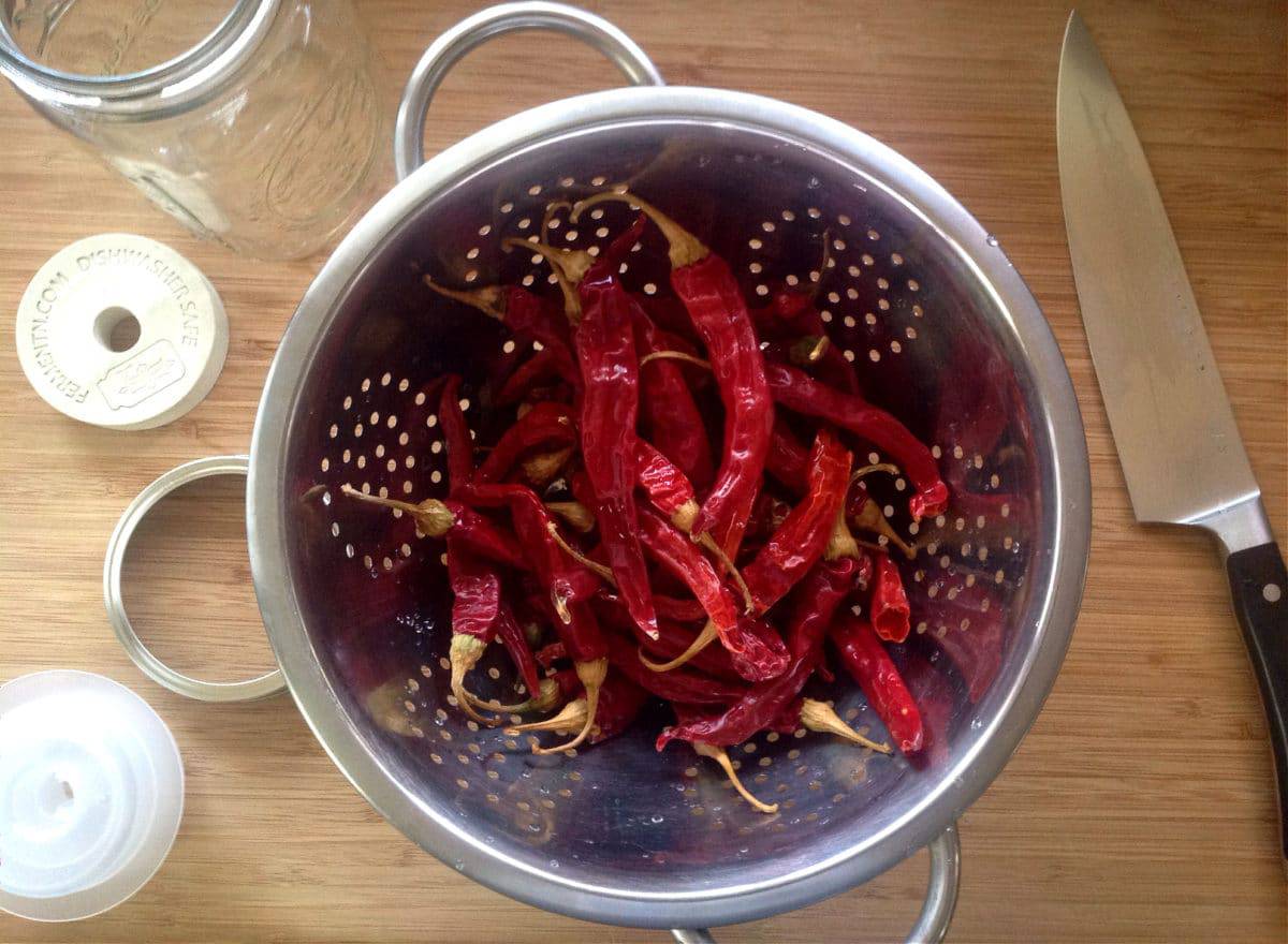 hot red peppers in a colander