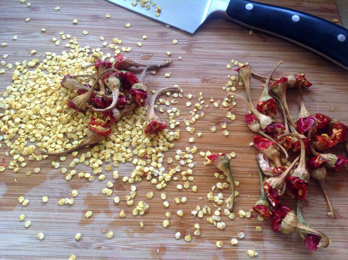 hot pepper seeds and stems on a cutting board