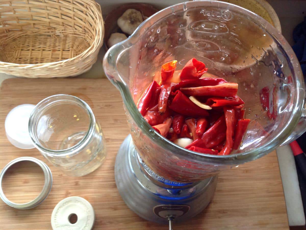fermented peppers in a blender to make hot sauce