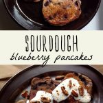 Sourdough blueberry pancakes in a cast iron skillet, and a stack of sourdough blueberry pancakes with yogurt and pecans.