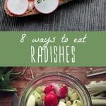 Raw radishes on toast, and a jar of pickled radishes.