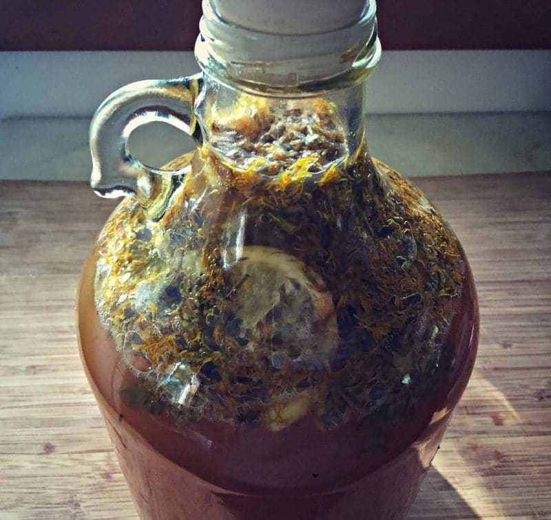 wildflower mead brewing in a jug with bubbles