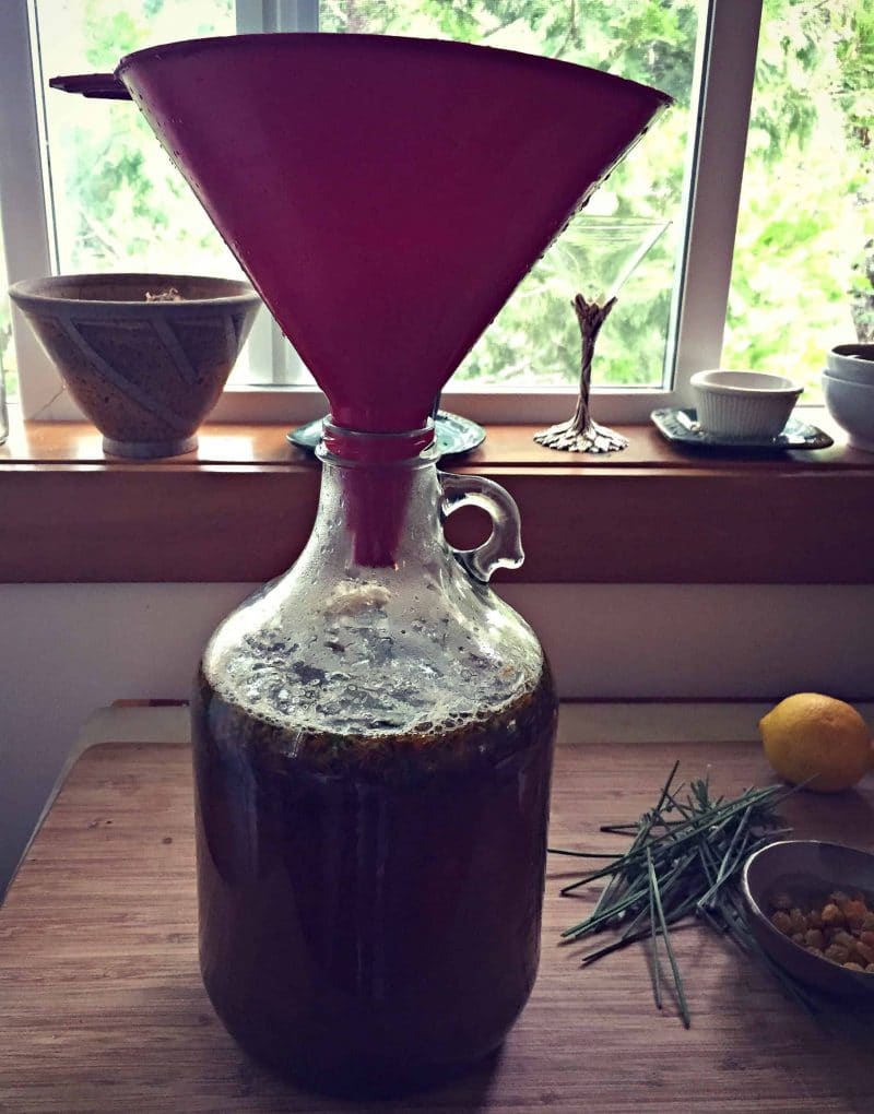 using a funnel to pour the mead must into a jug