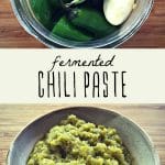 Hot chili peppers fermenting in a jar, and a bowl of homemade fermented chili paste.