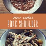 Pork shoulder seasoning in a small bowl, and a serving bowl of shredded slow cooker pork shoulder.