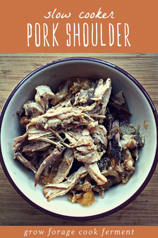 A bowl of shredded slow cooker pork shoulder.