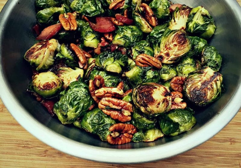 Roasted Brussels Sprouts with Bacon and Maple Pecans