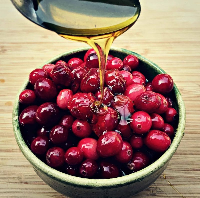 fermented cranberries in a bowl with a drizzle of honey