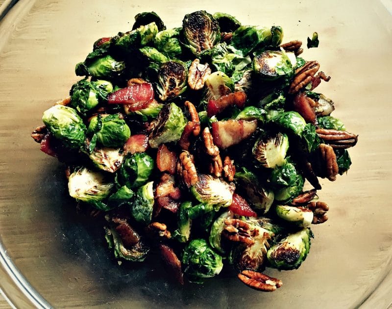 Roasted Brussels Sprouts with Bacon and Maple Pecans