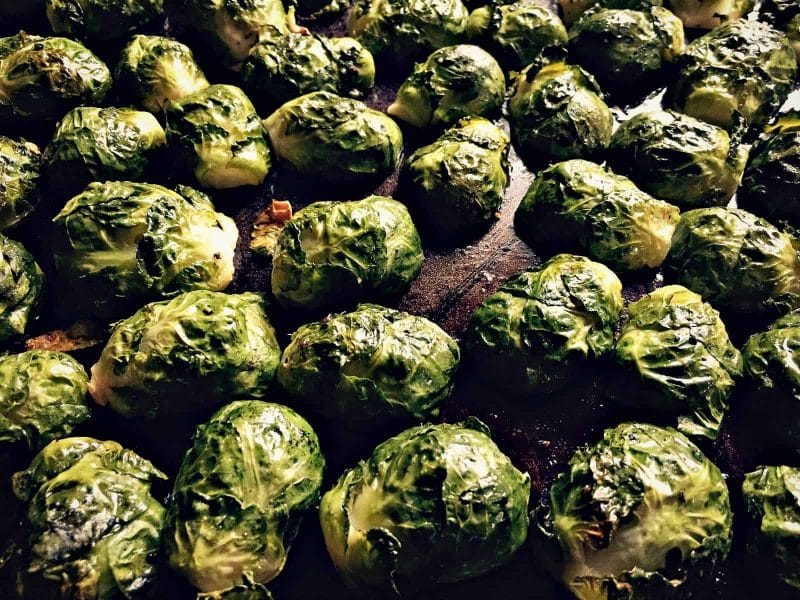 roasted brussels sprouts on a sheet pan