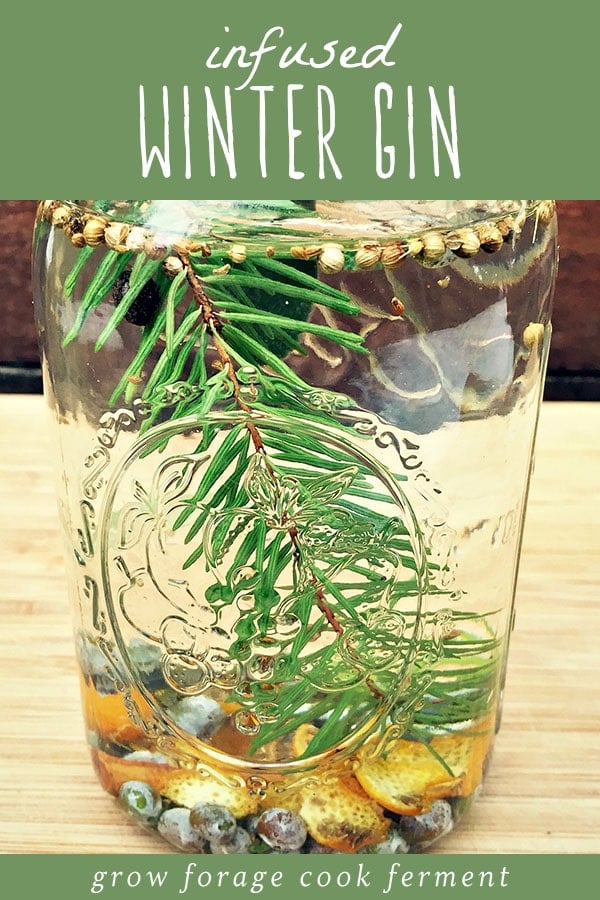 A jar of homemade gin infused with winter herbs.