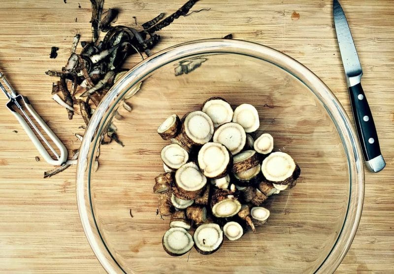 sliced burdock root in a bowl