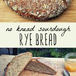 No knead sourdough rye bread on a cutting board, and slices of sourdough rye with jam.