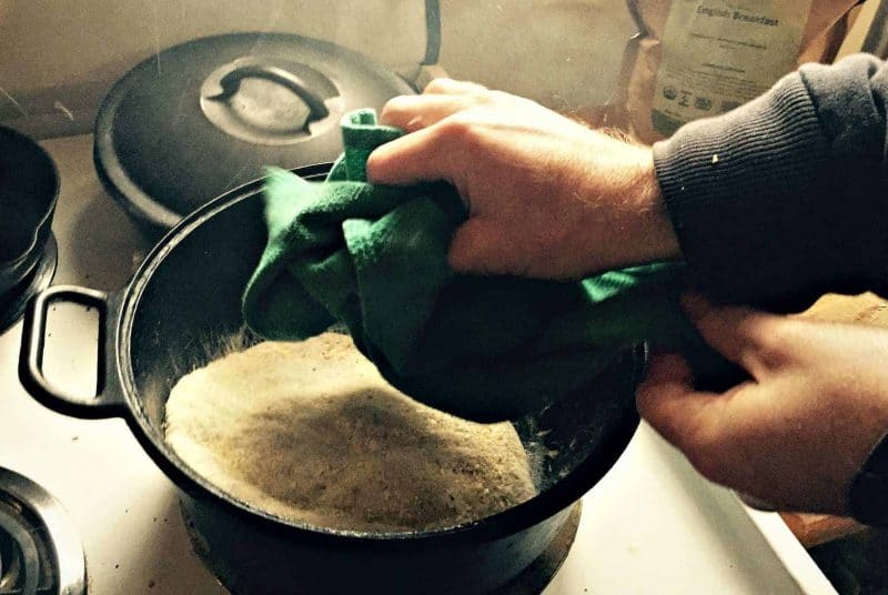 sourdough rye in hot pan