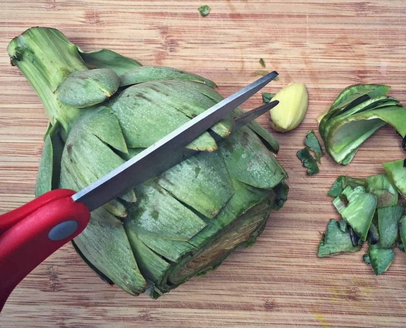 cutting artichoke leaf tips with scissors