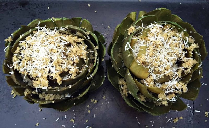 Top view of baked artichokes. 