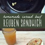 A reuben sandwich cooking in a cast iron skillet, and a reuben sandwich on a cutting board made with homemade nitrate free corned beef.