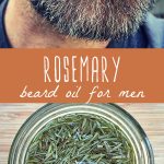 A man's bearded face and a jar of rosemary beard oil.