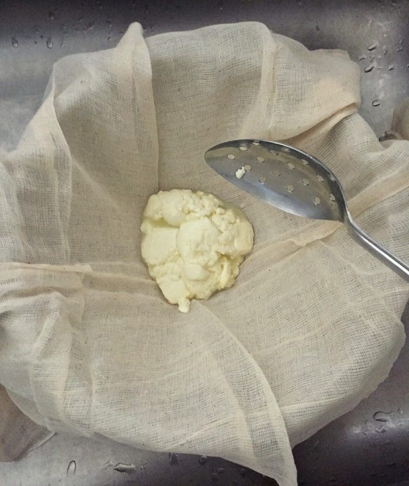 a slotted spoon scooping cheese curds into cheesecloth