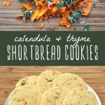 Fresh calendula and thyme on a cutting board, and a plate of calendula thyme shortbread cookies.