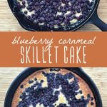 Blueberry cornmeal cake in a cast iron skillet, baked and unbaked.