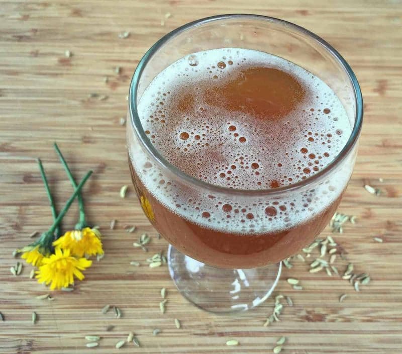 a glass of fizzy dandelion kombucha