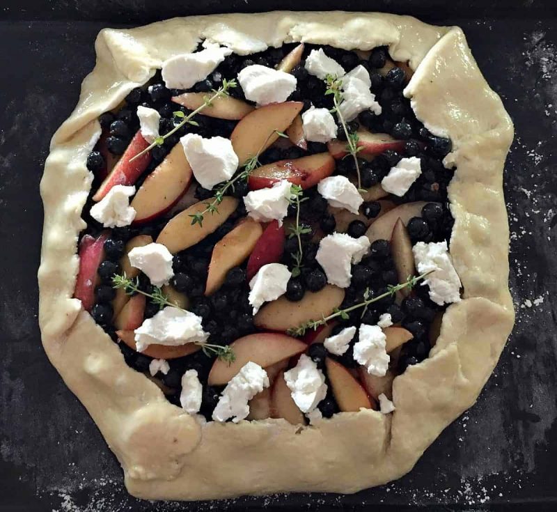 pre baked peach and blueberry galette with goat cheese and thyme