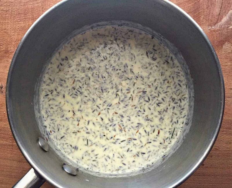 lavender flowers and cream in pan