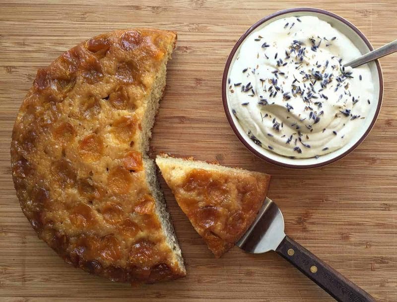 plum upside down cake with lavender whipped cream