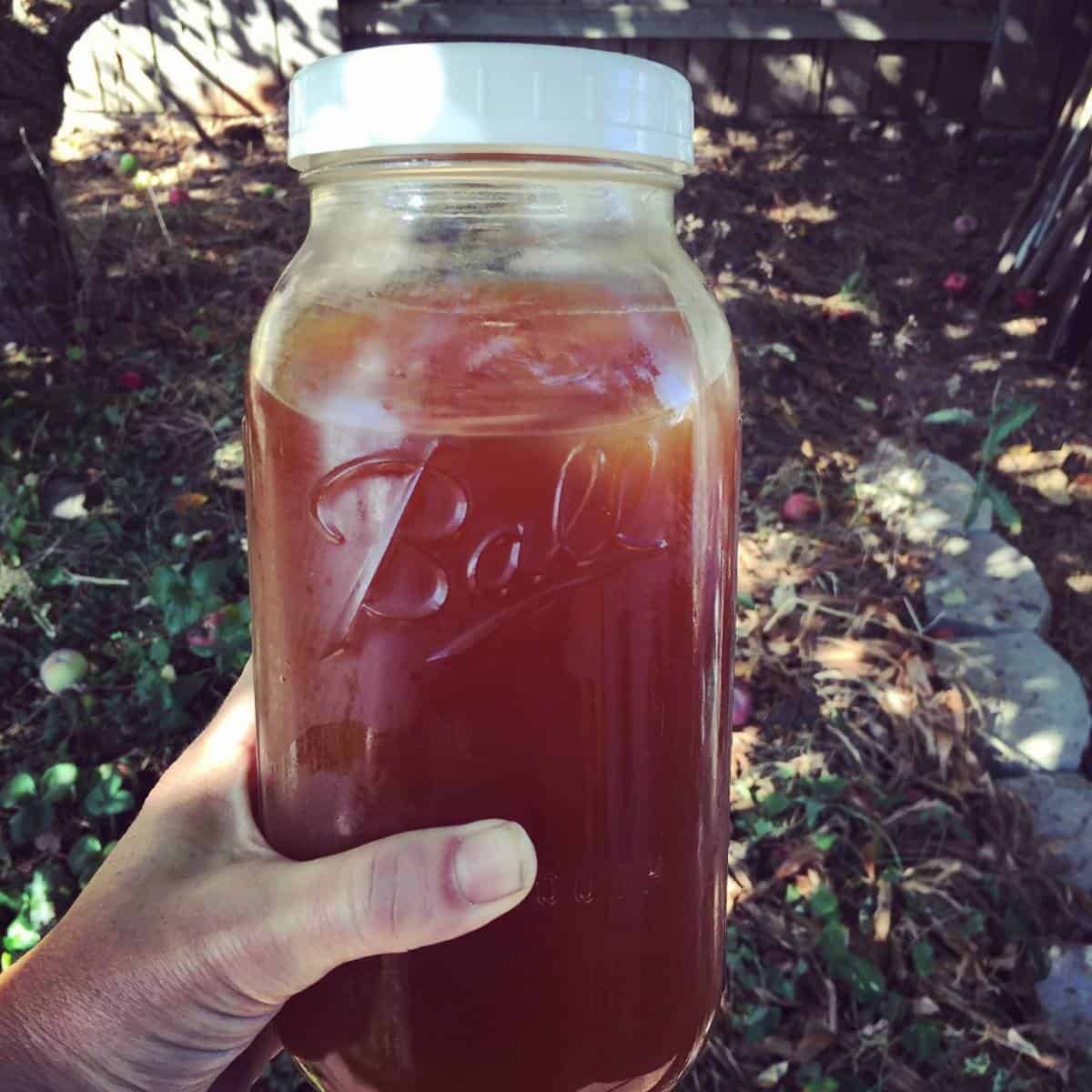 una mano que sostiene el jugo de manzana en un frasco frasco