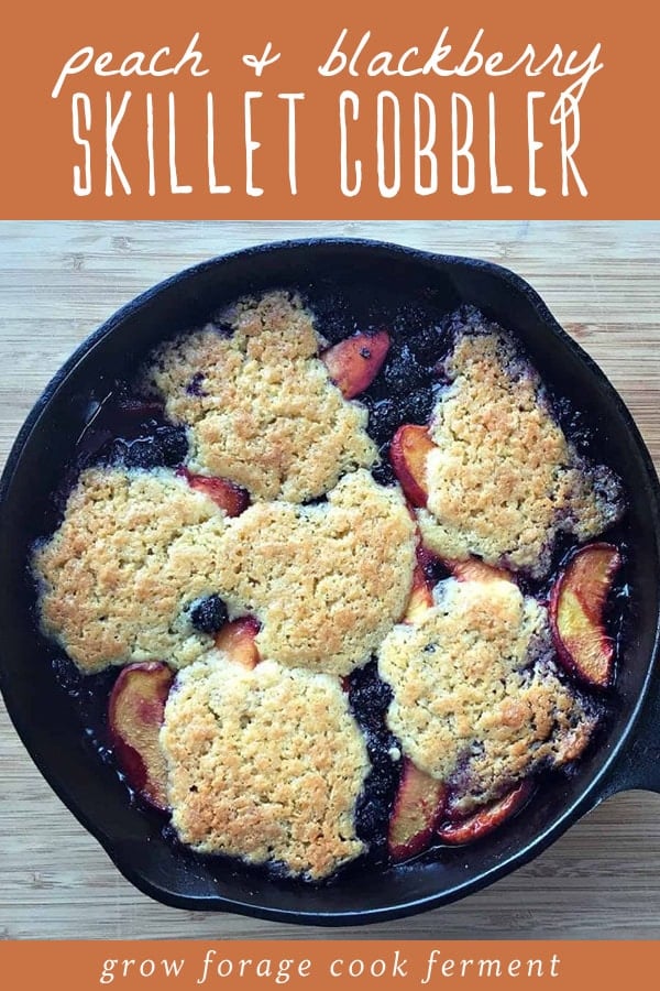 Peach and blackberry cobbler cooked in a cast iron skillet.