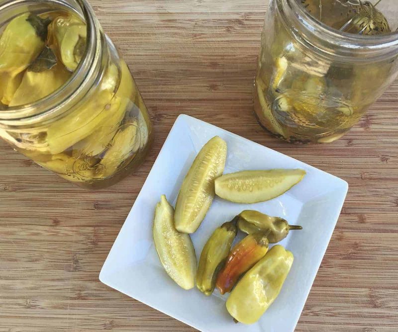 refrigerator dill pickles on a plate with pickled peppers