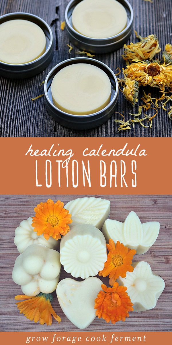 Lotion bars can be easily stored in small tins and kept in a purse or bag. They're perfect for everyday use, anywhere you are! Since calendula is well known for being great for the skin, these calendula bars are the perfect natural remedy for dry skin. These calendula lotion bars are easy to make, and make wonderful gifts. Click through to get the recipe for these homemade lotion bars! #calendula #lotion #diy #herbalism #naturalremedy #herbalmedicine
