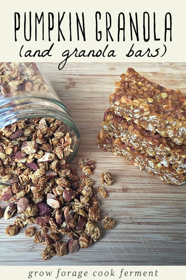 A jar filled with pumpkin coconut almond granola and a stack of pumpkin granola bars on a wood background.