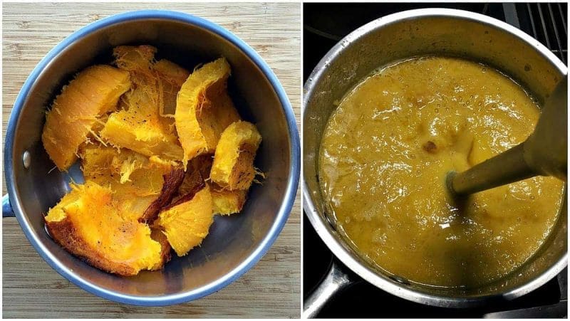 Pureeing pumpkin soup with an immersion blender for a winter squash recipe.