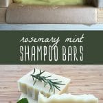Shampoo bars cooling in a pan, and a stack of homemade rosemary mint shampoo bars.