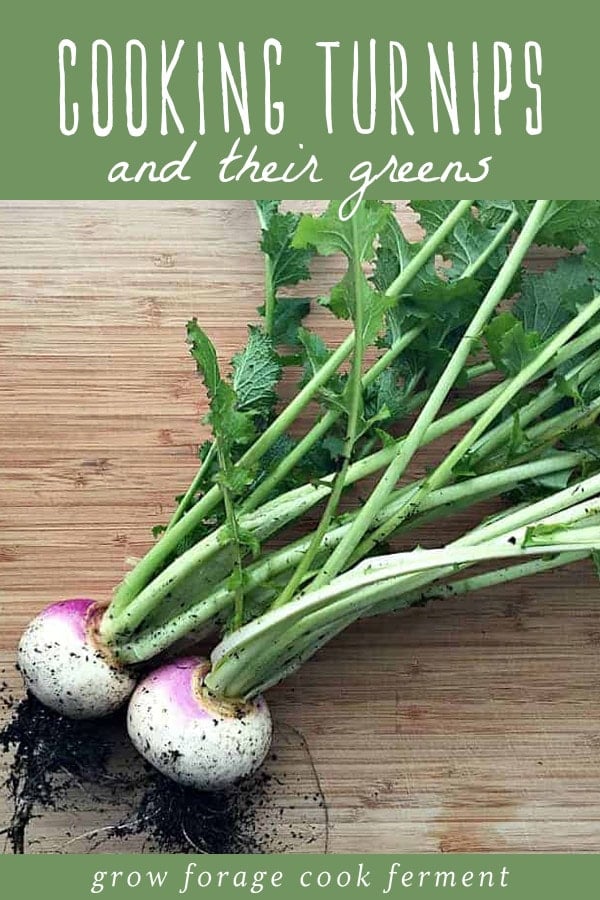 Two freshly harvested turnips on a cutting board.