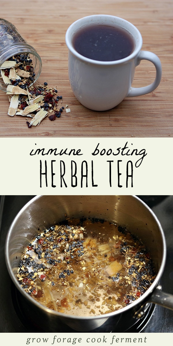This immune boosting herbal tea blend is the perfect natural remedy to have on hand for cold and flu season. It's a simple herbal tea blend with immune boosting herbs like elderberry, rose hips, echinacea and ginger. This recipe is so easy to make, not to mention delicious, and perfect for soothing a sore throat, easing cold and flu symptoms, and so much more! #herbalism #homeremedy #tea #herbaltea #immunity #herbalmedicine