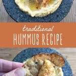 Traditionally prepared hummus recipe drizzled with olive oil and paprika and served with crackers.