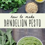 Dandelion ingredients on a wood background, and a bowl of dandelion pesto.