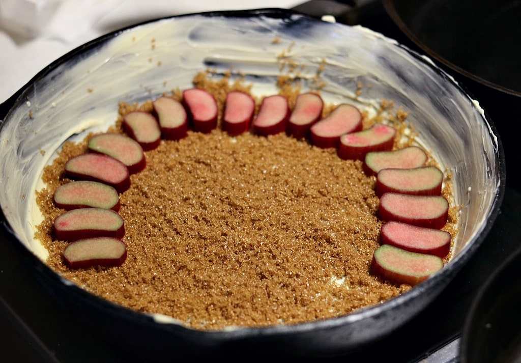brown sugar and rhubarb in a cast iron skillet
