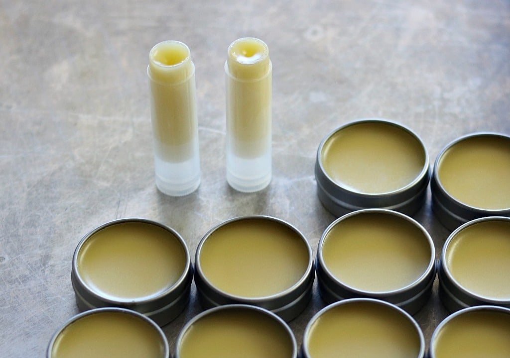 tins and tubes of homemade lip balm