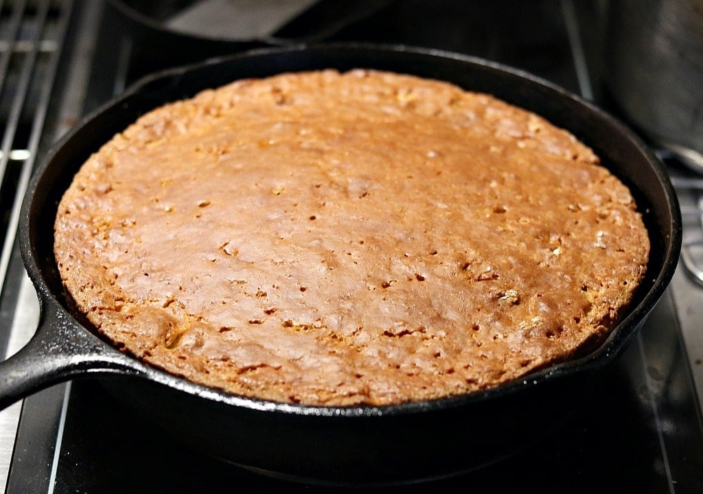 rhubarb upside down cake in a cast iron skillet out of the oven