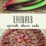 Freshly harvested rhubarb, and a whole rhubarb upside down cake on a blue plate.