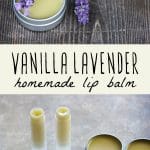 Homemade vanilla lavender lip balm in tubes and metal tins.