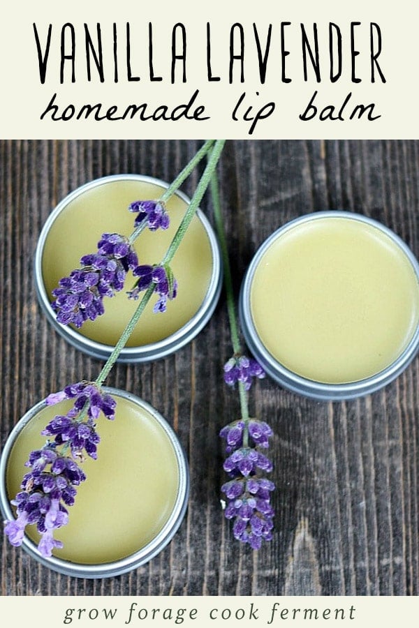 Three tins of vanilla lavender lip balm on a wood table.