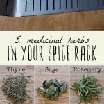 Jars of herbs on a spice rack, and medicinal dried herbs on a cutting board.