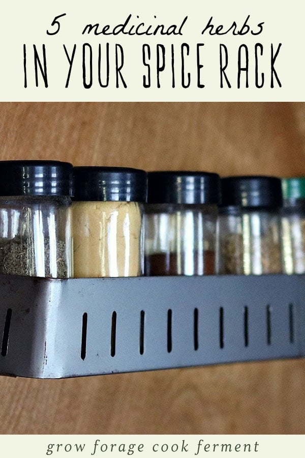 Jars of herbs on a spice rack.