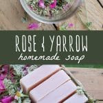 Rose infused oil and several bars of wild rose and yarrow soap on a wood background.
